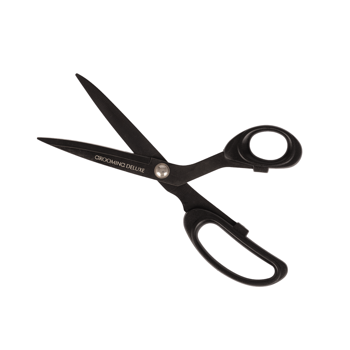 Svart Grooming Deluxe man- og halesaks vist åpen, med lange blader og stort nedre håndtak